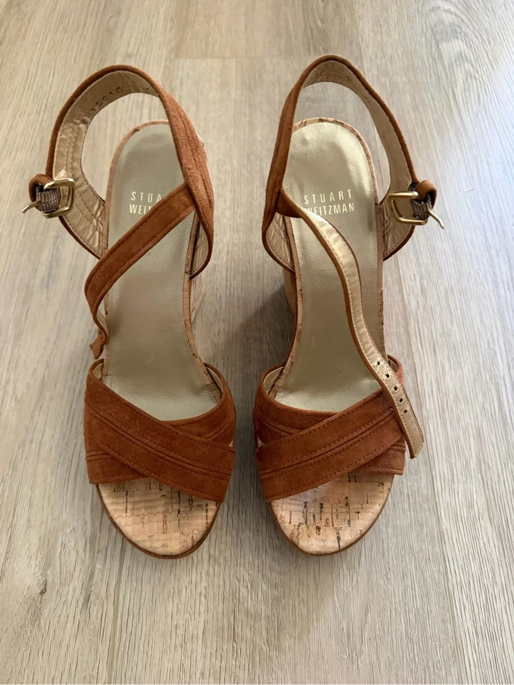 Stuart Weitzman Women's Rust Suede Cork Wedge Sandals - size 6